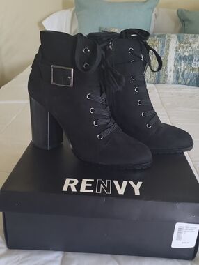 NWT Renvy Valentina Black Suede Lace-Up with Buckle Block Heel Ankle Boots